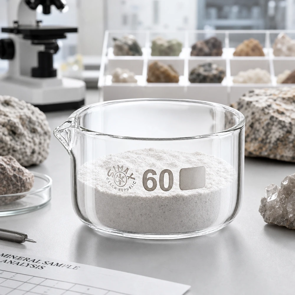 Prato de cristalização de 60ml com bico de borosilicato ø60mm Taça de cristalização Simax de 60 ml, pó mineral branco, análise laboratorial, taça plana de vidro, vidro borossilicato