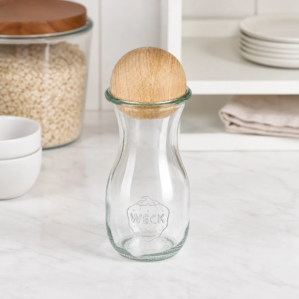 Garrafa de vidro WECK 290ml RR60 com bola de madeira de faia na cozinha branca, ao lado de frascos de arrumação e pilha de loiça