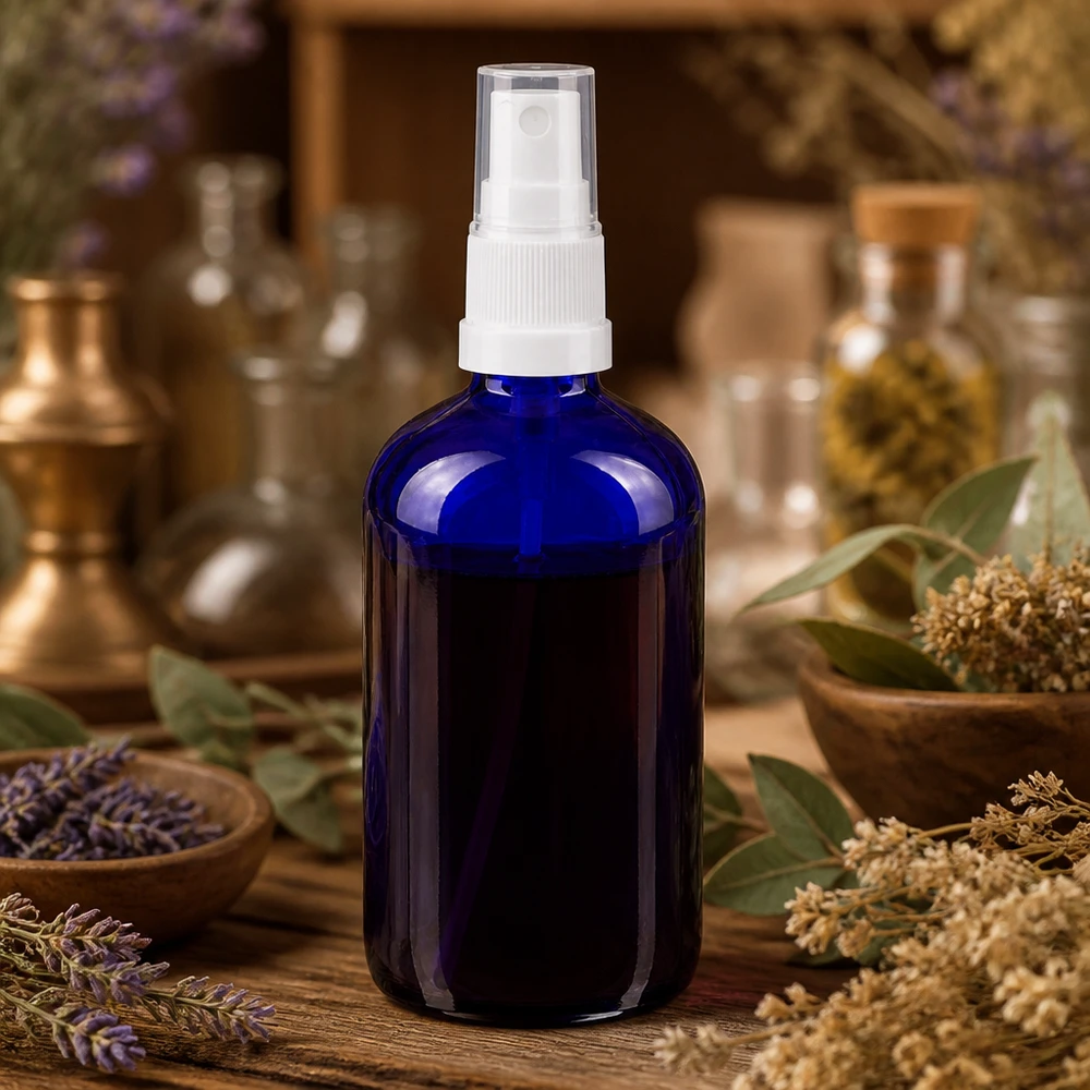 Frasco de farmácia azul de 100 ml com proteção UV, em vidro, com bico de pulverização branco, para óleos essenciais
