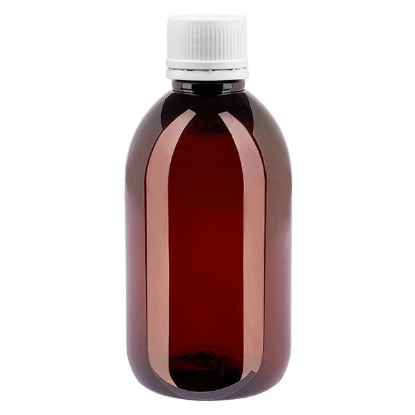 Frasco PET 250ml com tampa inviolável branca, com nervuras finas Frasco PET 250ml com tampa inviolável branca, com nervuras finas