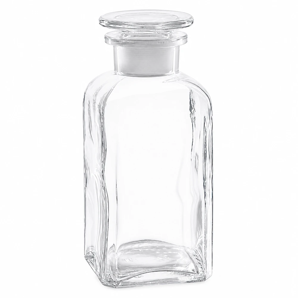 Garrafa quadrada de 350 ml, transparente, com rolha de vidro e gargalo largo, em vidro transparente de alta qualidade