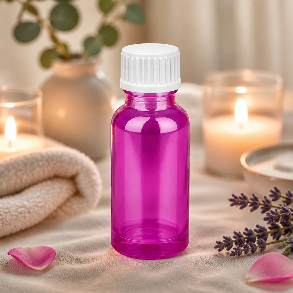 Frasco de vidro de 20 ml de alta qualidade em roxo elegante com tampa de rosca à prova de crianças