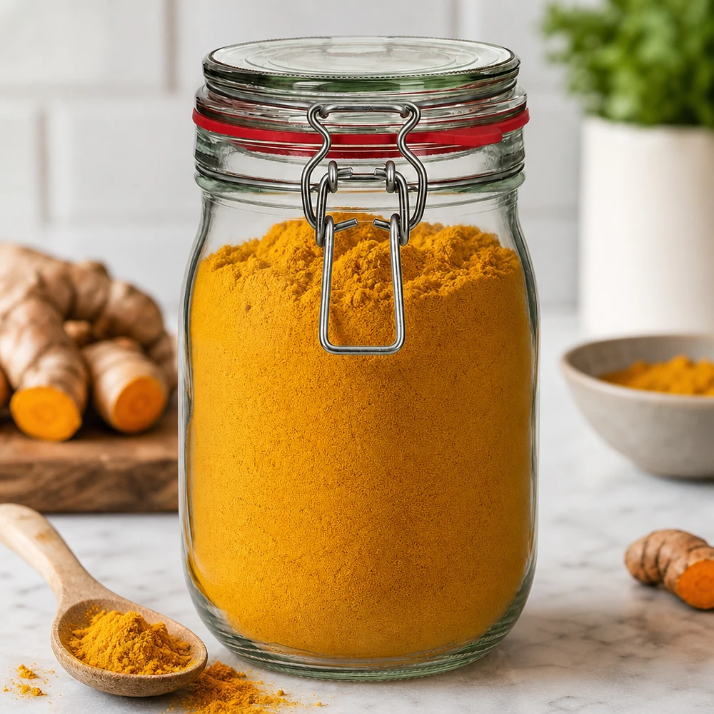 O frasco de armazenamento de 1140 ml cheio de curcuma em pó mostra o armazenamento ideal de especiarias