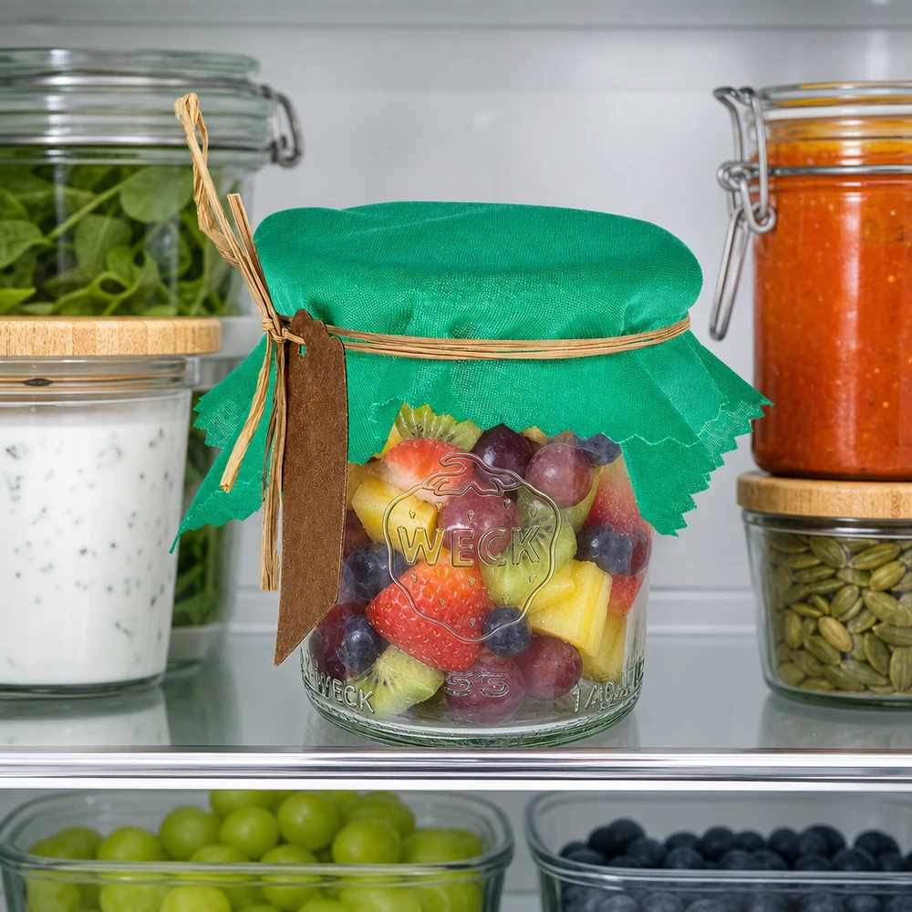 Pano para jóias verde 12cm quadrado Pano decorativo em tecido verde com 12 cm quadrados no frasco de salada de fruta no frigorífico, entre os recipientes de arrumação