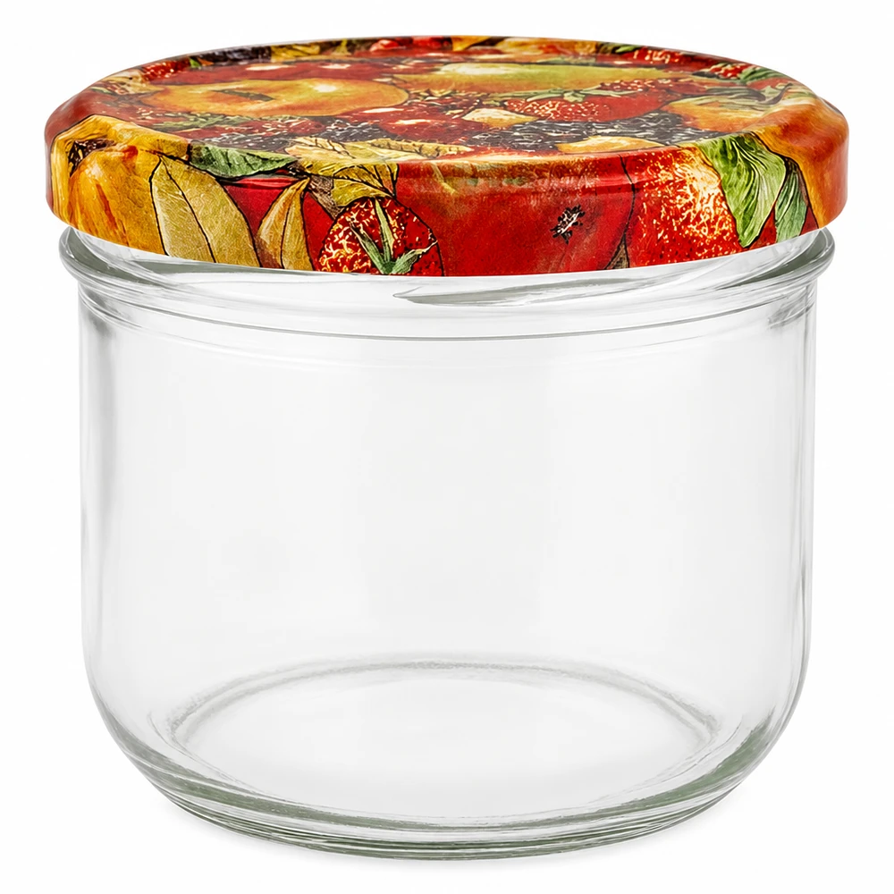 Frasco de conserva de 260 ml com tampa colorida com decoração de fruta, frasco de conserva vazio para compotas e conservas