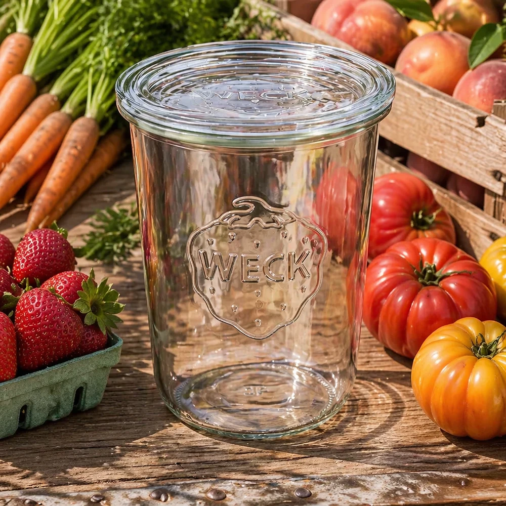 Os copos WECK RR100 de 850 ml rodeados de legumes frescos e frutas mostram a sua utilização versátil para preparar e armazenar refeições.