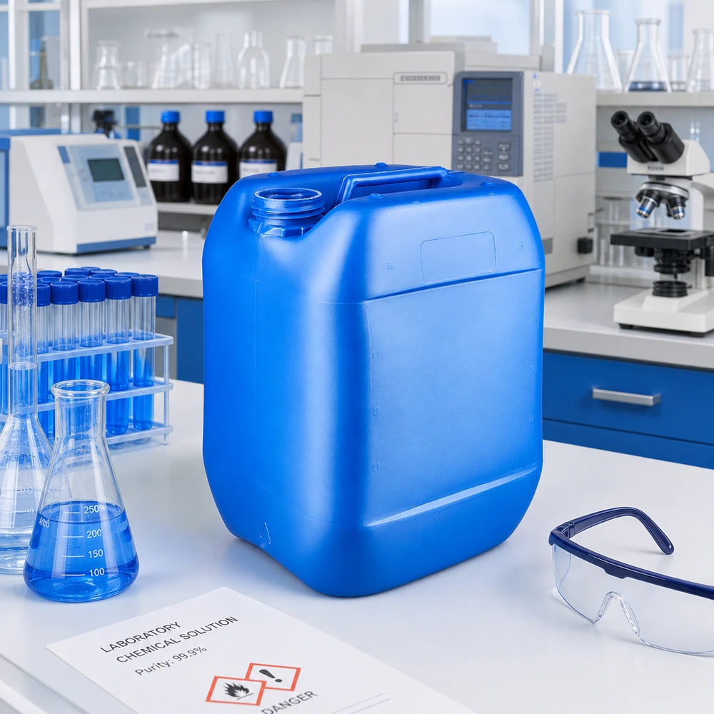 Recipiente azul de 10 litros sem tampa, sobre uma mesa de laboratório branca, ao lado de um frasco de Erlenmeyer