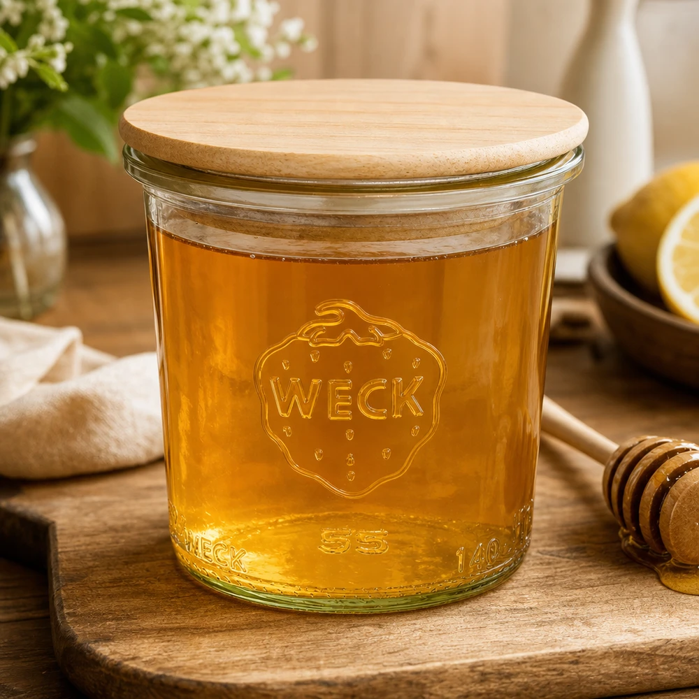 Copos de vidro de 140 ml WECK RR60 com tampa de madeira O frasco RR60 de 140 ml da WECK, cheio de mel e com tampa de madeira, mostra a sua versatilidade para pastas doces