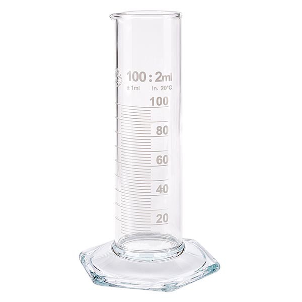 Garrafa de medição de 100 ml NF feita de vidro, escala branca Garrafa de medição de 100 ml NF feita de vidro, escala branca