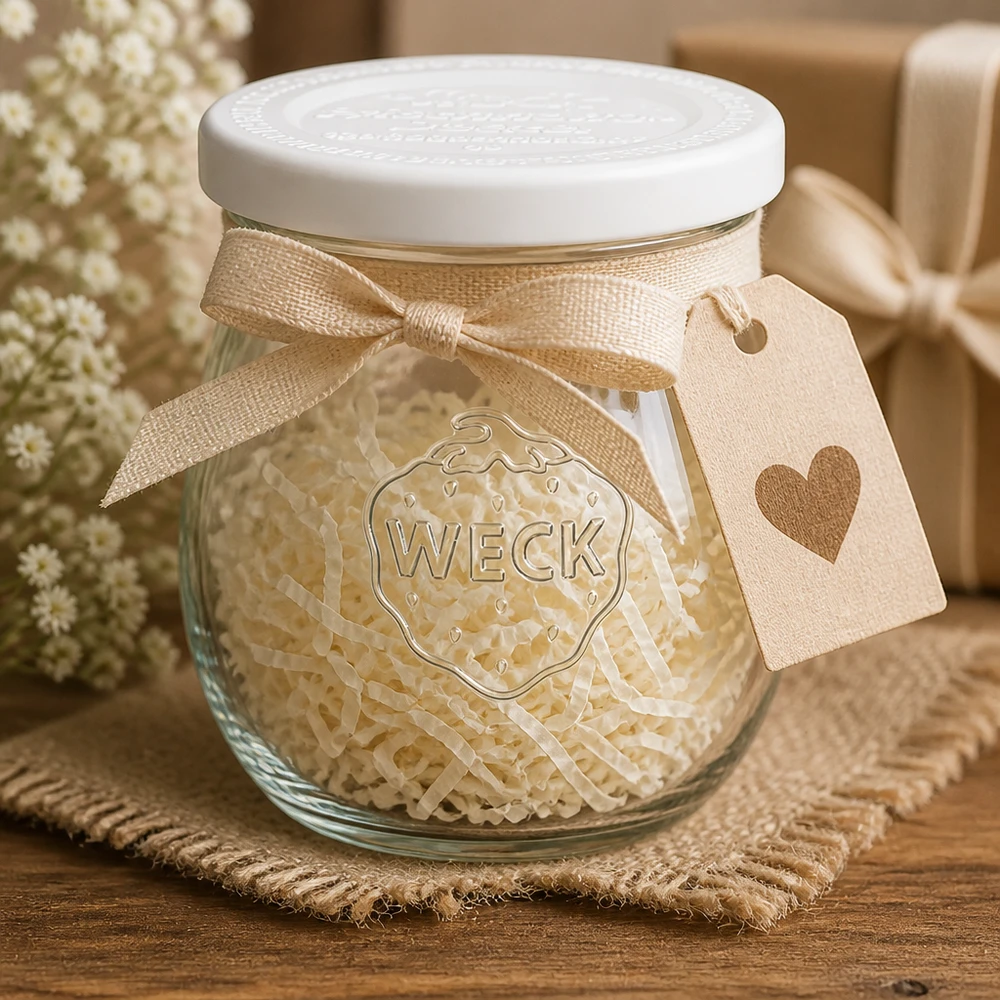 Frasco em forma de tulipa de 220 ml com tampa de conservação WECK RR60 Frasco de tulipas WECK 220ml RR60 decorativo com fita e pendente de coração - ideia de presente frasco de conserva rústico