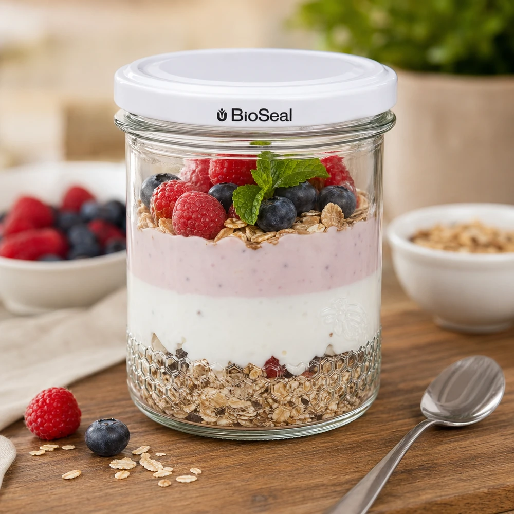 560g Honigglas + BioSeal Deckel weiß UNiTWIST O frasco de mel BioSeal de 400 ml como taça de cereais com iogurte, bagas e granola mostra a versatilidade da sua utilização na cozinha
