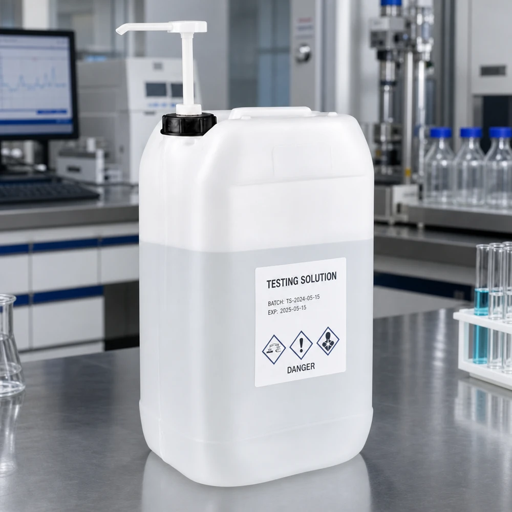 Bidão de 15 litros com bomba doseadora Recipiente de laboratório de 15 litros com bomba dosadora e símbolos de perigo GHS para produtos químicos