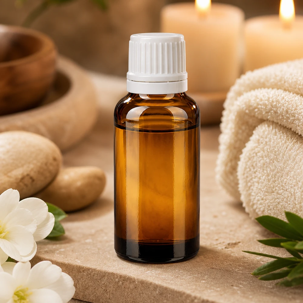 Pequeno frasco de farmácia de vidro castanho de 20 ml com tampa conta-gotas branca para óleos de massagem e bem-estar