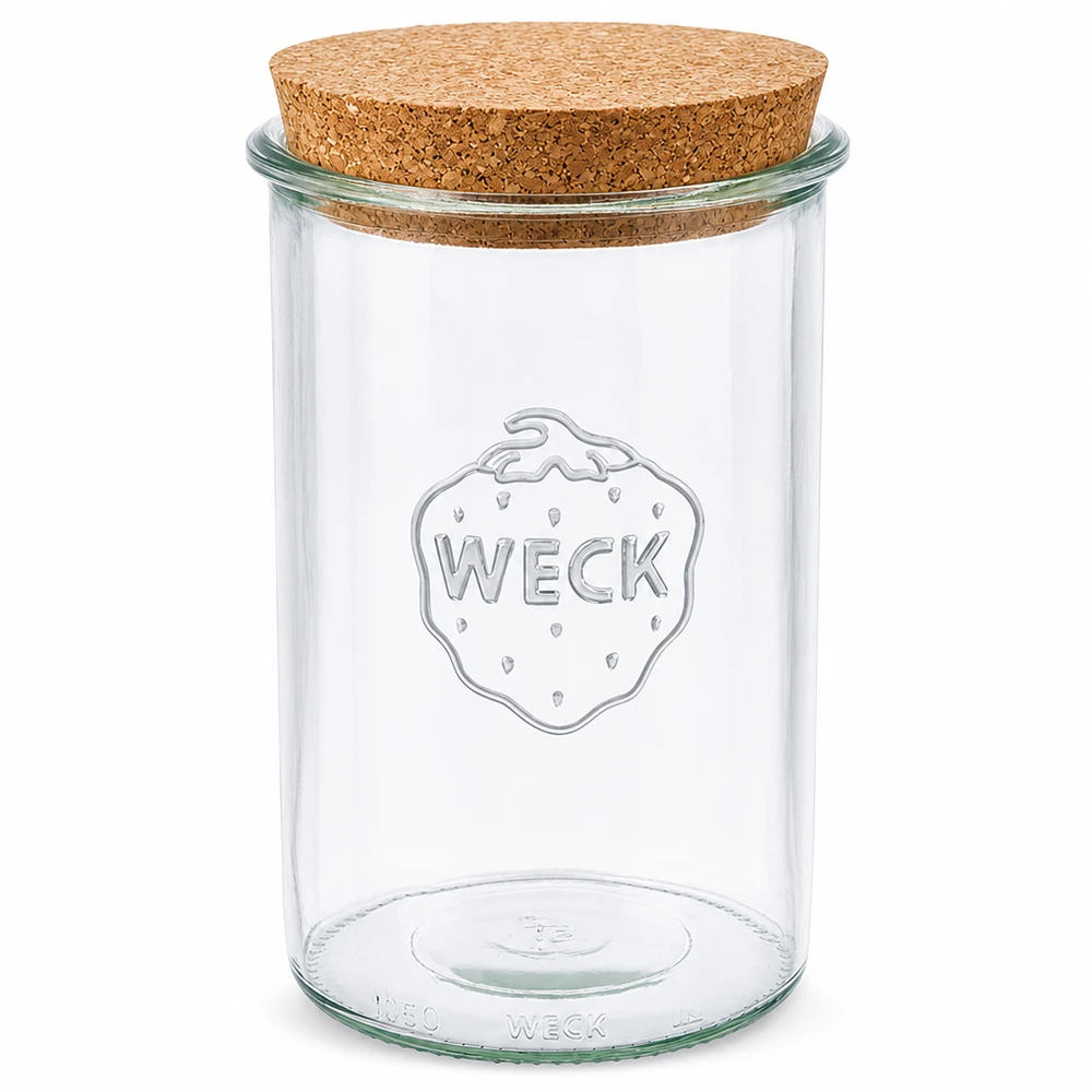 Copos de vidro de 1000ml WECK RR100 com cortiça natural Frasco de conserva de 1000 ml WECK RR100 com tampa de cortiça natural Frasco de conserva transparente Frasco de armazenamento com logótipo WECK