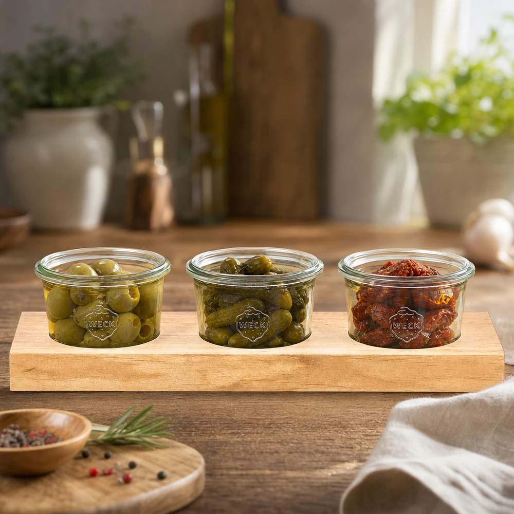 Tábua de servir Plano3 com 3 copos Weck de 80 ml Tábua de servir de madeira elegante com 3 frascos Weck cheios de azeitonas e tomates secos ao sol numa cozinha moderna