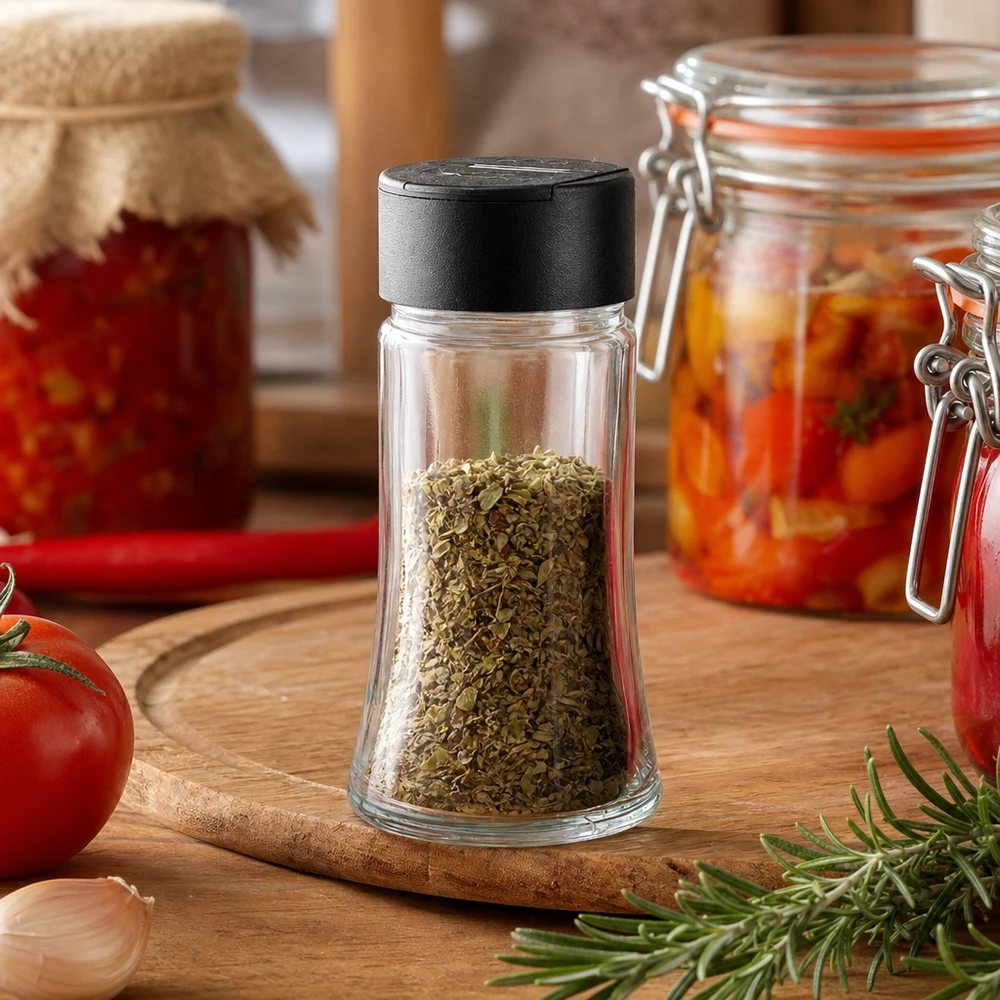 Frasco para sal/especiarias de 95 ml com espalhador duplo preto Frasco de especiarias de 95 ml cheio de orégãos, com um espalhador duplo preto, sobre uma tábua de madeira com tomates