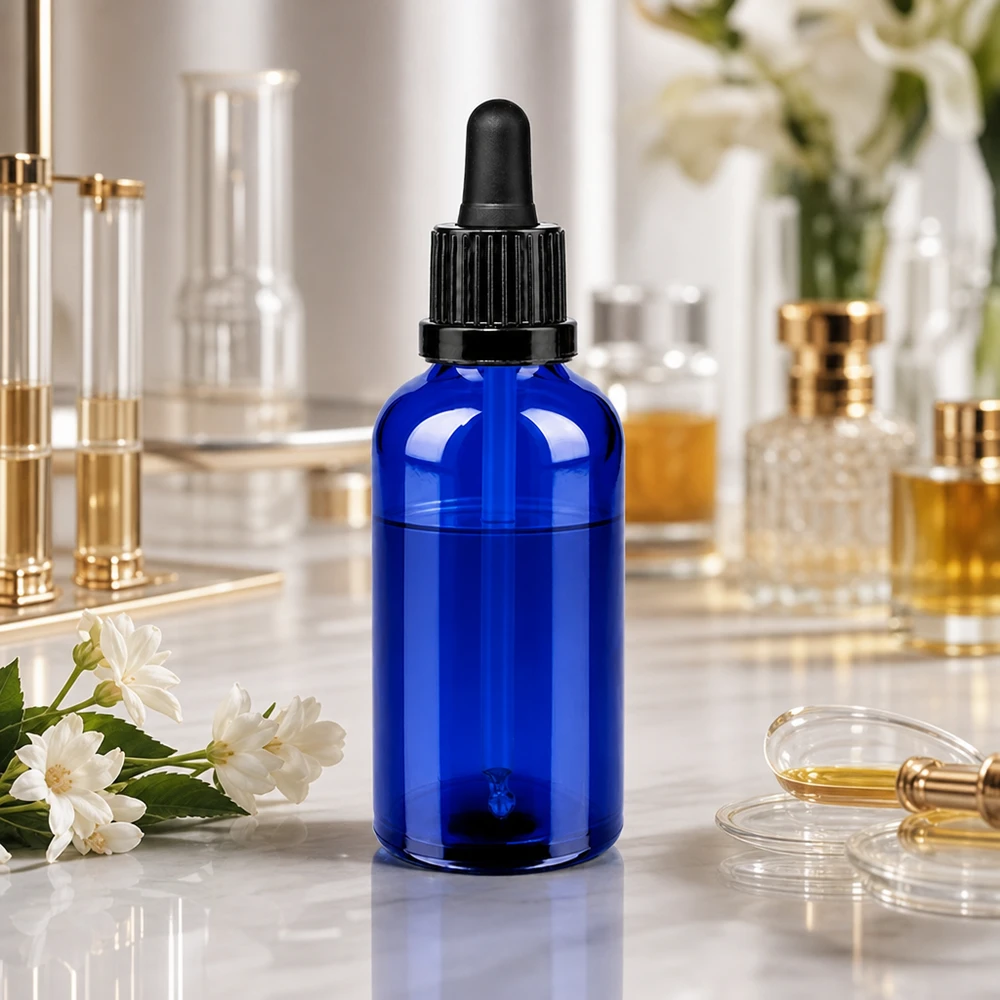 Frasco pipeta de 50 ml preto com fecho inviolável BlueLine UT18/50 Frasco de vidro de 50 ml de alta qualidade com proteção UV graças à cor azul e à tampa de conta-gotas precisa