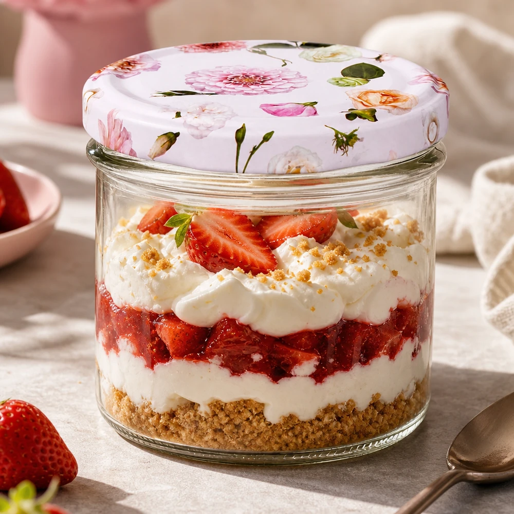 Sobremesa de cheesecake de morango num frasco de conserva de 225 ml com uma tampa BasicSeal com flores cor-de-rosa - perfeita para sobremesas em camadas