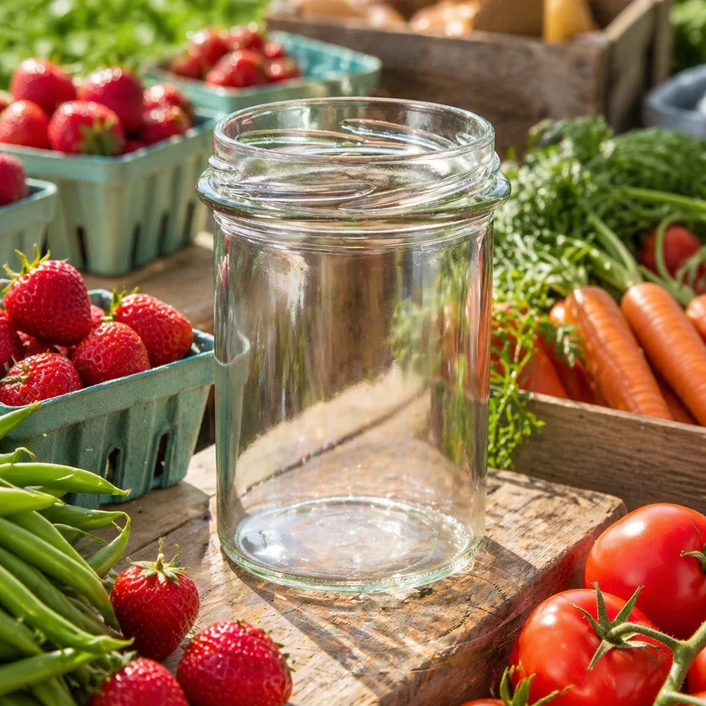 Copos de vidro de 230ml sem tampa (TO66) UNiTWIST UNiTWIST Sturz230 copos 230ml TO66 frasco de conserva vazio numa tábua de madeira rodeado de morangos frescos, tomates e cenouras
