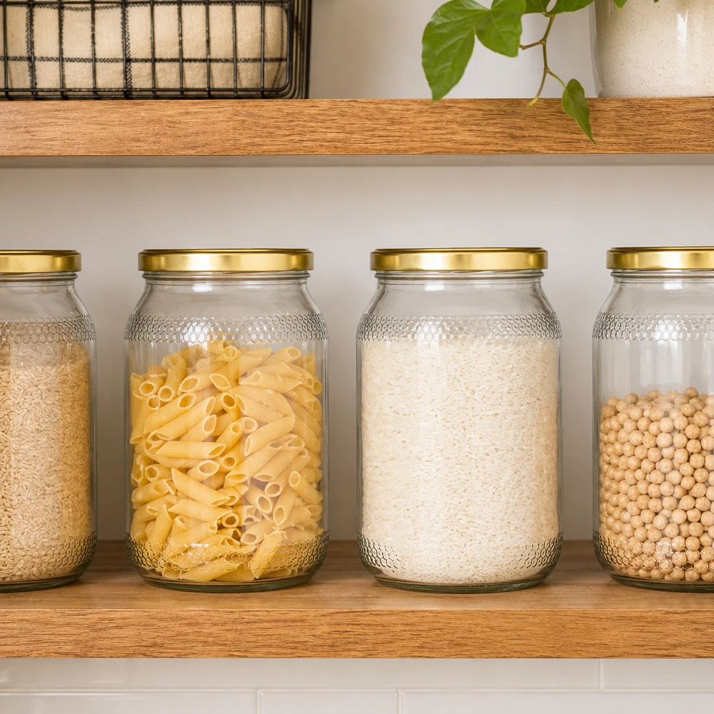 Frascos de mel de 900 ml com tampas douradas como recipientes para massas, arroz e legumes na cozinha moderna
