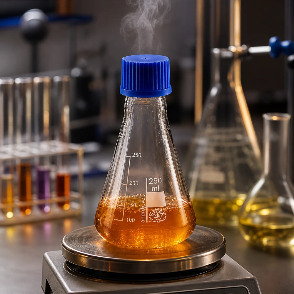 Erlenmeyer 250ml com tampa de rosca Erlenmeyer de 250 ml com conteúdo laranja numa placa de aquecimento no laboratório
