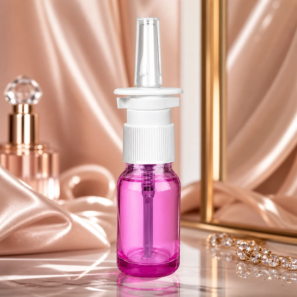 Frasco de spray nasal Premium de 10 ml com bomba branca e design elegante em vidro púrpura para terapia