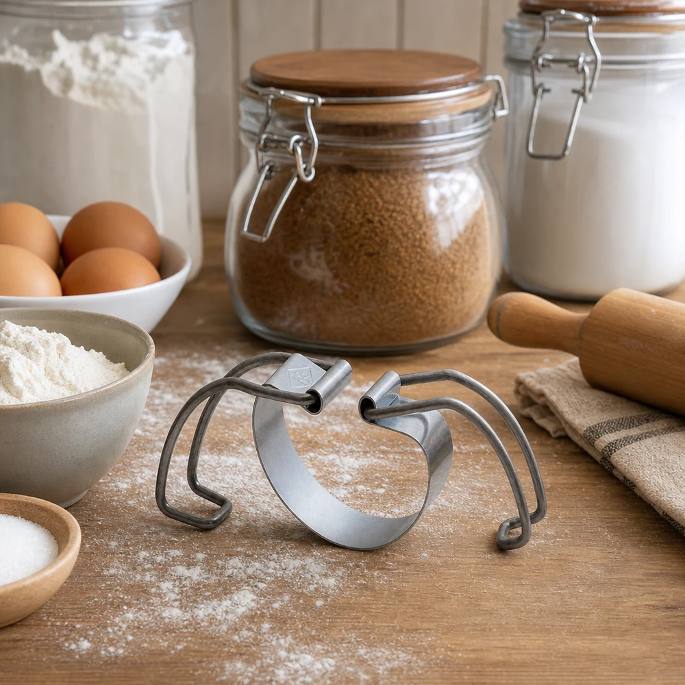 Suporte de fixação RR100 RR100 prateleira de conservação num ambiente de cozinha com ingredientes de pastelaria, farinha, ovos e frascos de armazenamento numa bancada de madeira