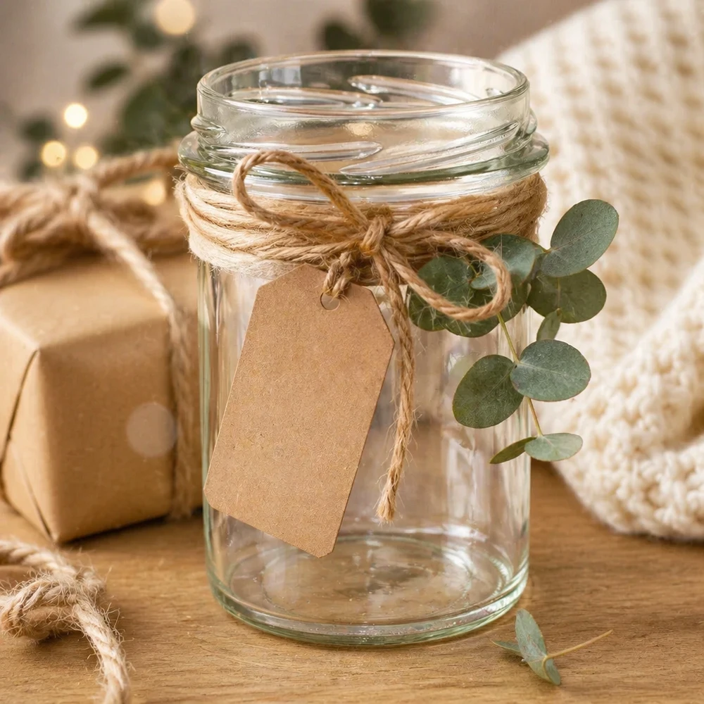 Copos vazios de 230 ml TO66 decorados com etiqueta de presente em fio de juta e eucalipto sobre mesa de madeira