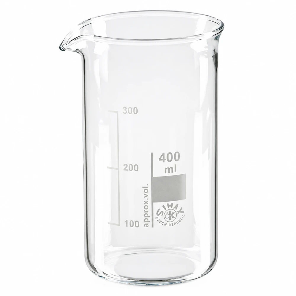 Copo 400 ml de vidro borossilicato, forma alta Copo de laboratório de 400 ml, de formato alto, em vidro borossilicato, com escala, da SIMAX Czech Republic