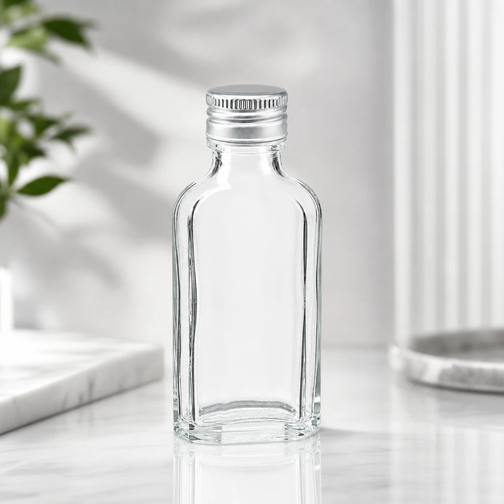 Frasco Meplat de 50 ml em vidro transparente com tampa de rosca PP22 prateada sobre uma superfície de mármore branco