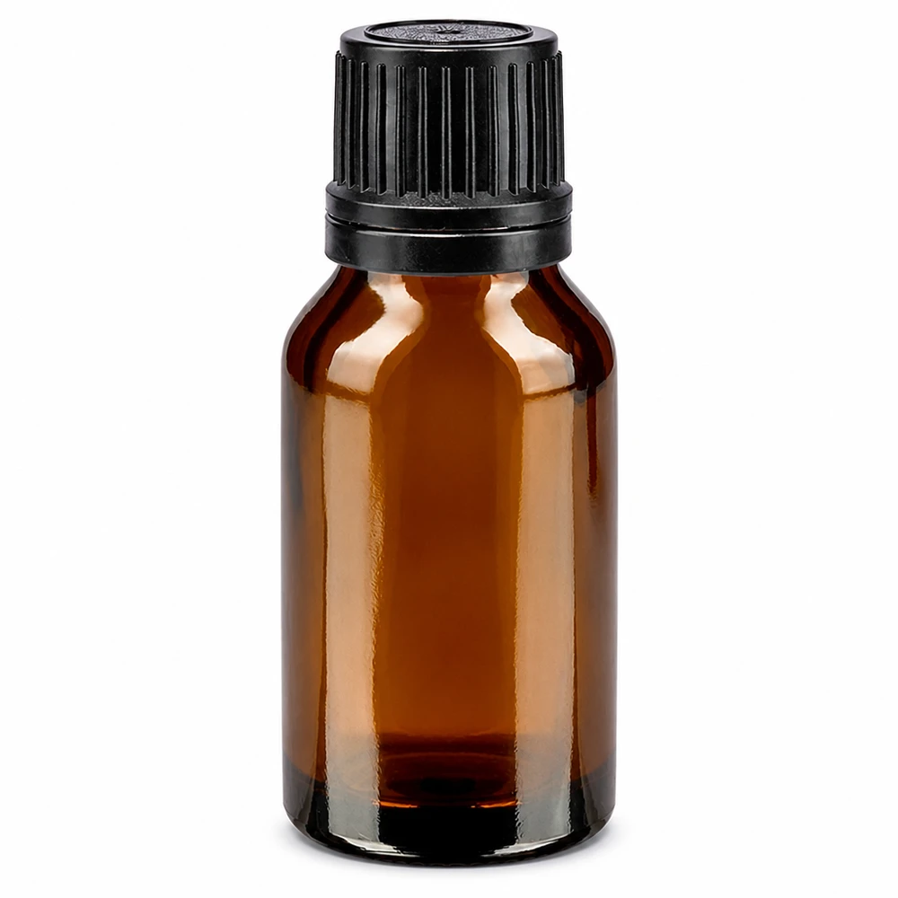 Frasco de farmácia castanho de 15 ml com tampa de rosca preta e anel de vertimento em vidro castanho