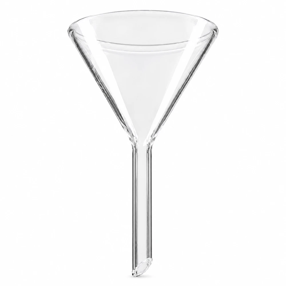 Funil ø50mm cal sodada, ângulo 60°, estilo curto Funil de vidro com 50 mm de diâmetro feito de vidro de cal sodada com um ângulo de 60 graus e estilo curto