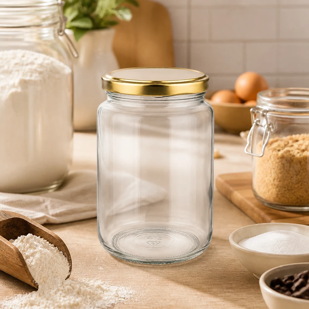 Frasco redondo vazio de 795 ml com tampa dourada BasicSeal num ambiente de cozinha com farinha e ingredientes para panificação numa tábua de madeira