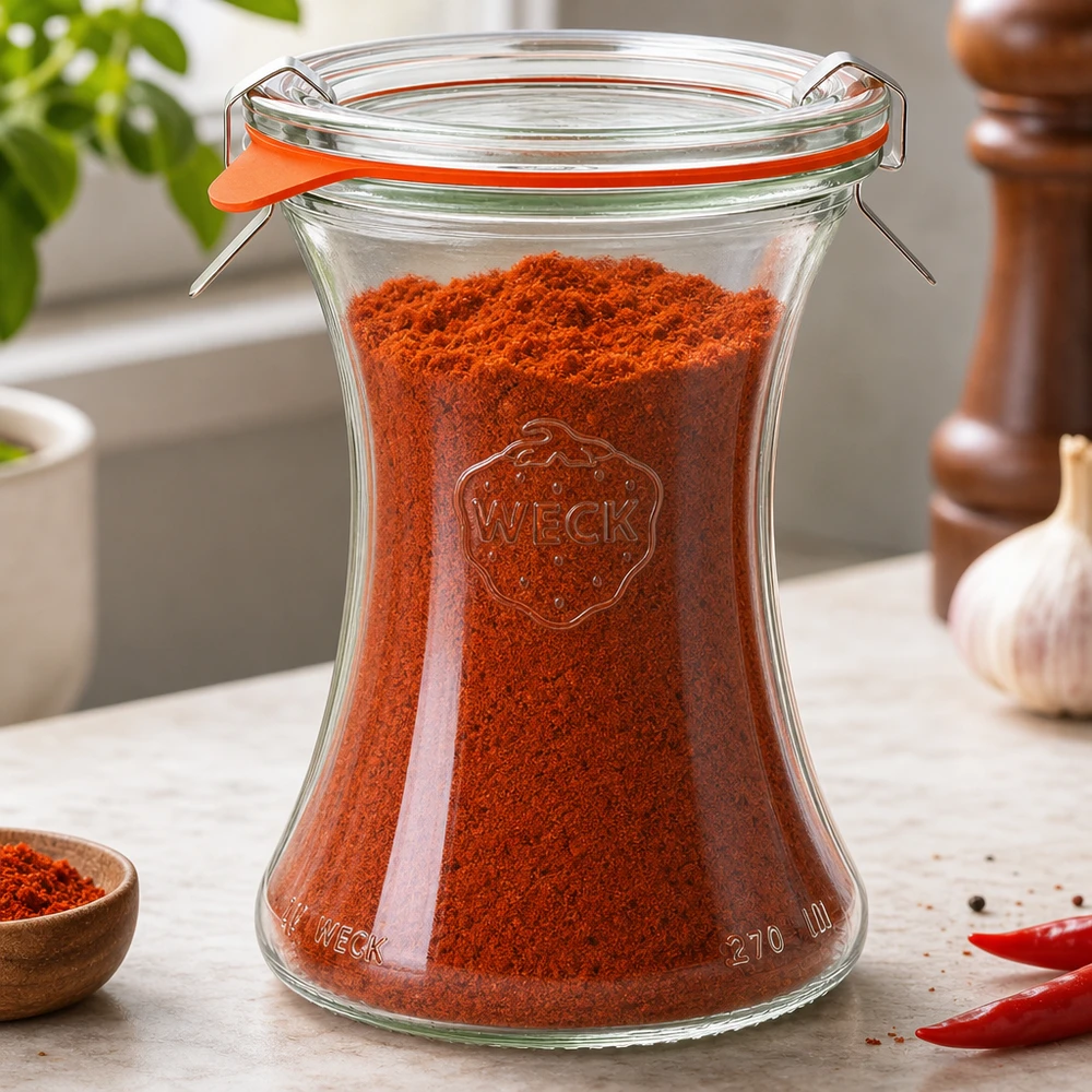 Frasco de charcutaria WECK 370ml RR80 cheio de pó de paprica vermelha Armazenamento de especiarias em ambiente de cozinha