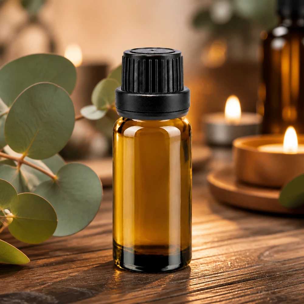 Pequeno frasco de vidro castanho de 10 ml com tampa de rosca preta e conta-gotas para óleos essenciais