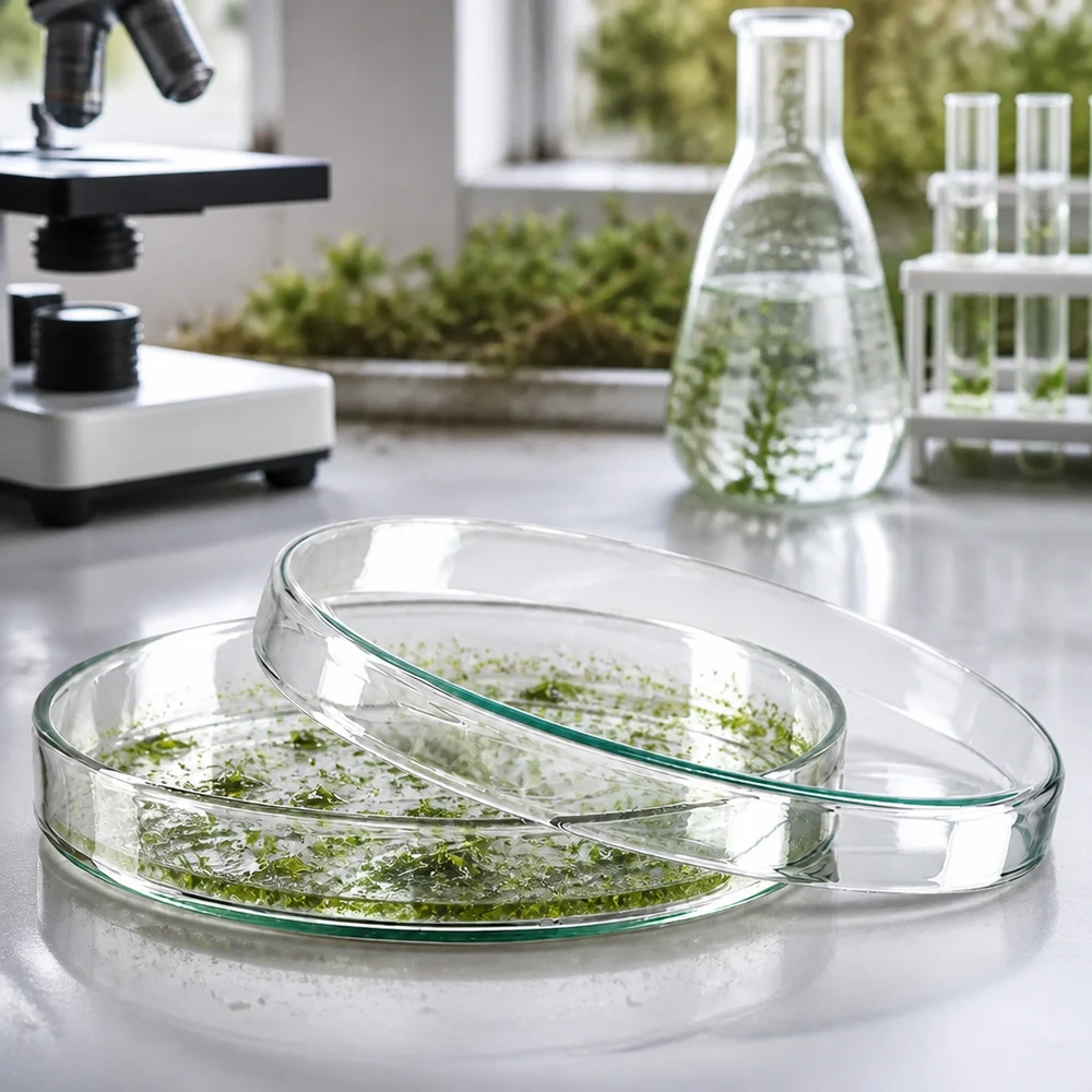 Placa de Petri de 120 x 20 mm em vidro borossilicato com culturas de algas verdes sobre uma superfície de laboratório prateada