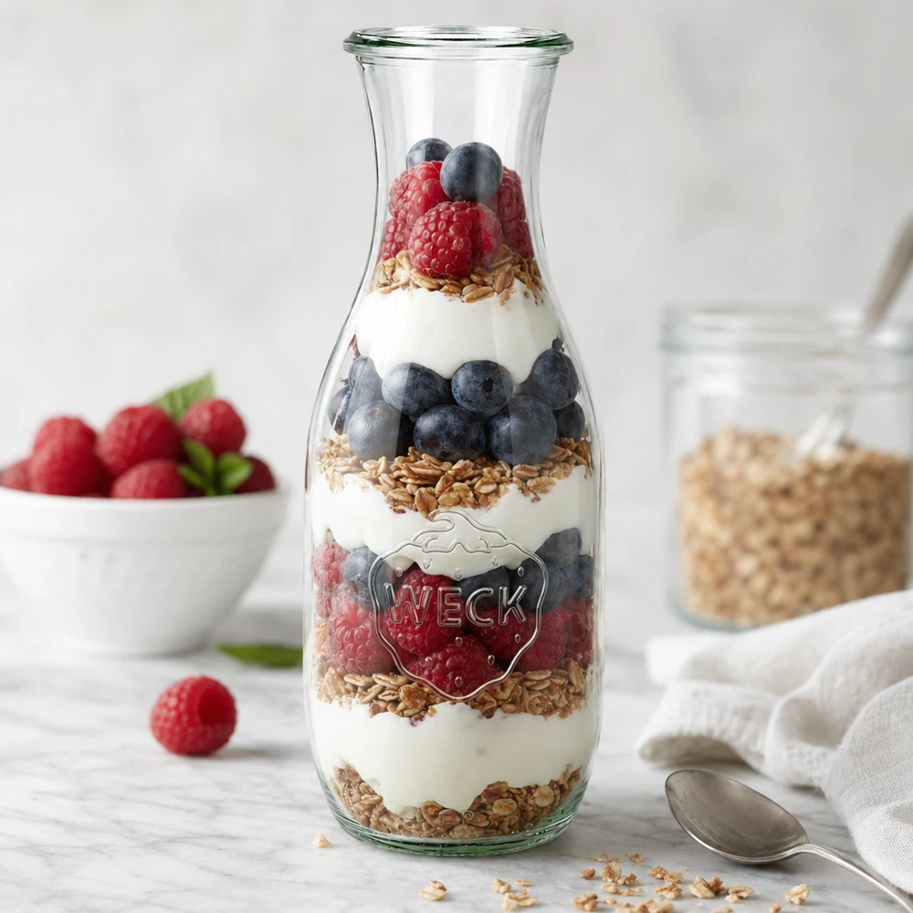 Garrafa para sumo WECK RR60 de 1062 ml Garrafa de sumo WECK de 1062 ml RR60 como jarro de parfait com iogurte, bagas e granola em camadas ao lado de uma colher e fruta