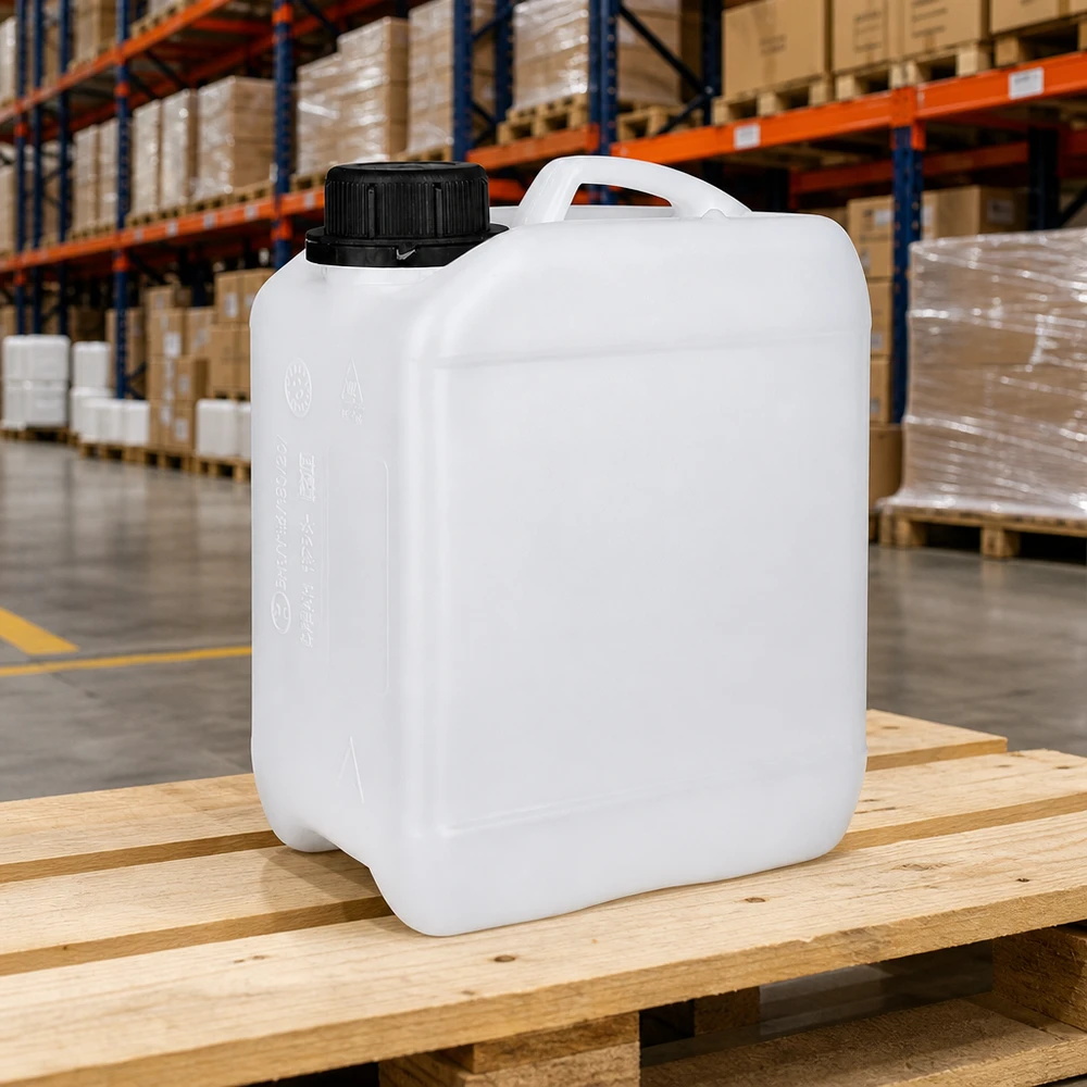 Recipiente retangular de HDPE de 2,5 L, branco, com design de ombros largos e pega ergonómica