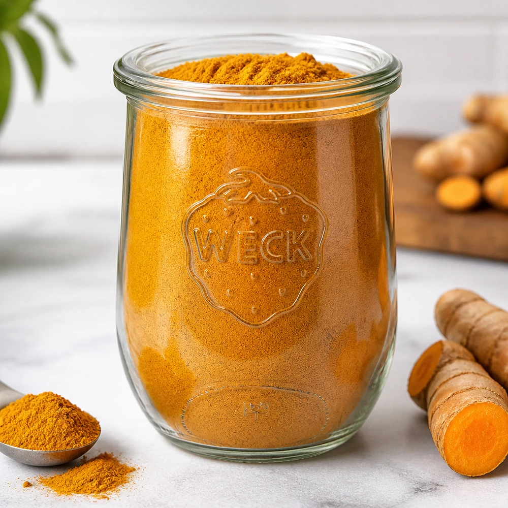 Frasco de tulipa WECK 1062ml RR100 cheio de curcuma em pó ao lado de raízes frescas de curcuma Cozinha de armazenamento de especiarias