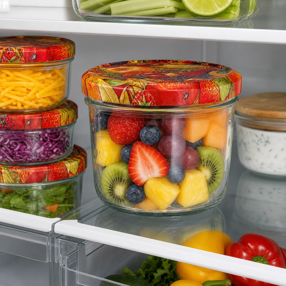 Copos de 230 ml com tampa colorida BasicSeal com decoração de fruta, cheios de salada de fruta fresca guardada no frigorífico