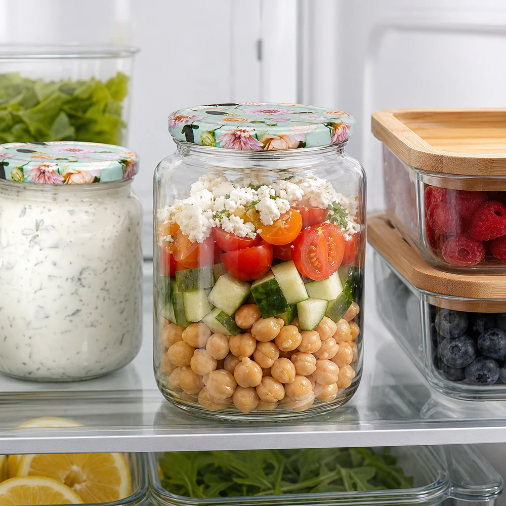Frasco redondo de 795 ml com tampa de flor de menta no frigorífico, cheio de salada de grão-de-bico entre recipientes de preparação de refeições