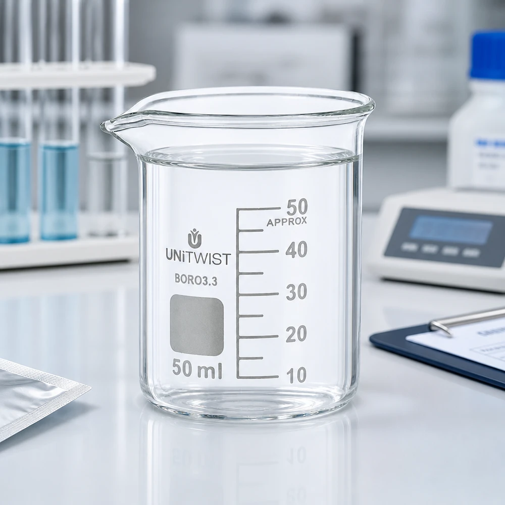 Copo de vidro vazio de 50 ml UNiTWIST, formato baixo, em vidro borossilicato, com escala de mililitros gravada