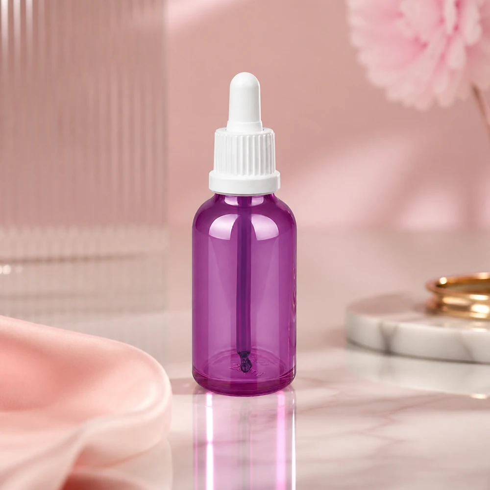 Frasco de pipeta pequeno de 30 ml em vidro violeta com tampa de pipeta branca para soros