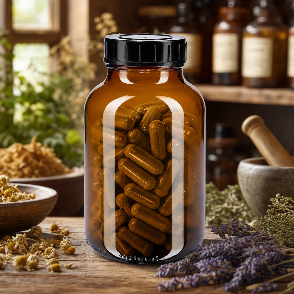 Frasco castanho de 1000 ml de gargalo largo com tampa de rosca para cápsulas e produtos farmacêuticos