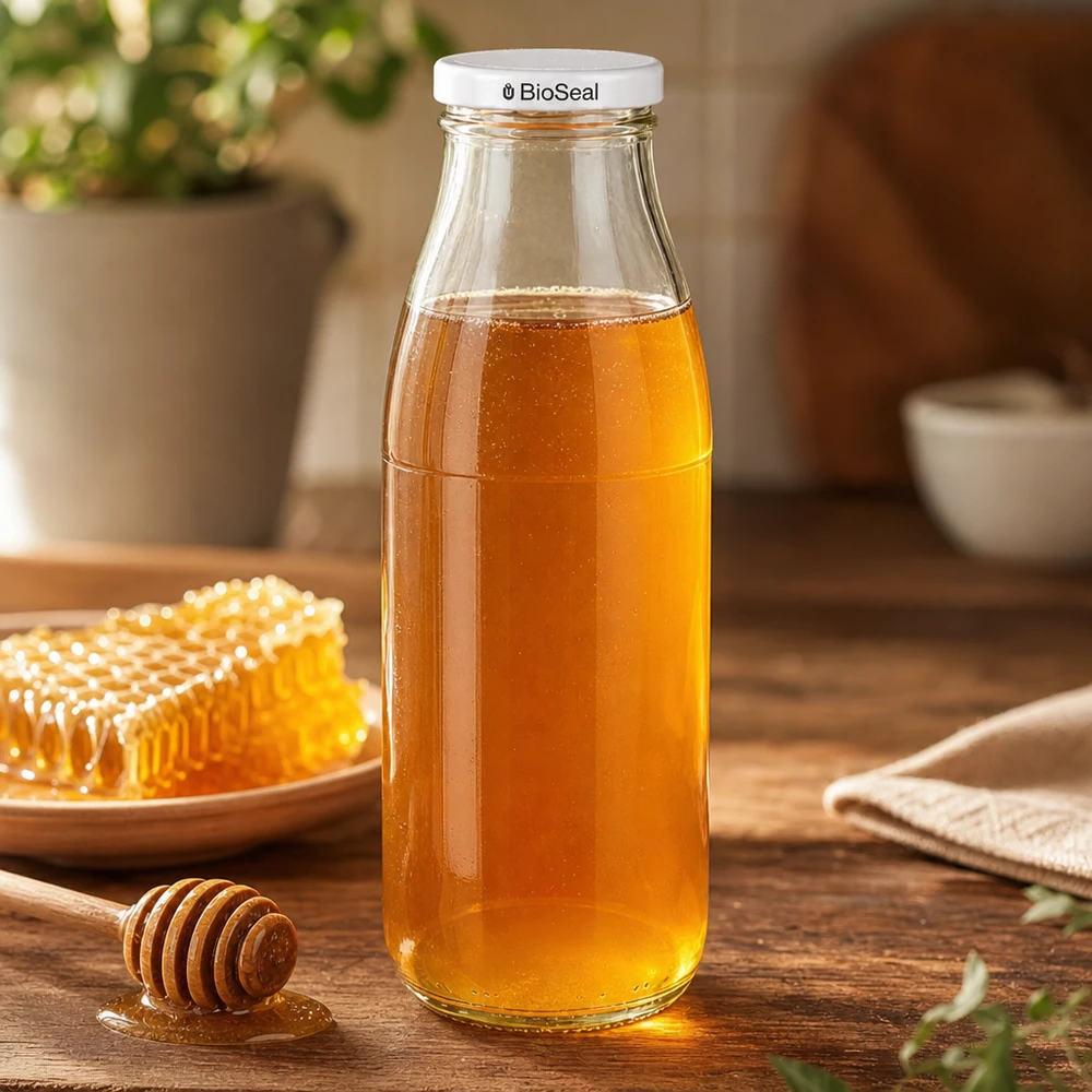 Frasco de vidro de 500 ml cheio de mel, com tampa BioSeal branca, ao lado de um favo de mel e de uma colher de mel numa mesa de madeira