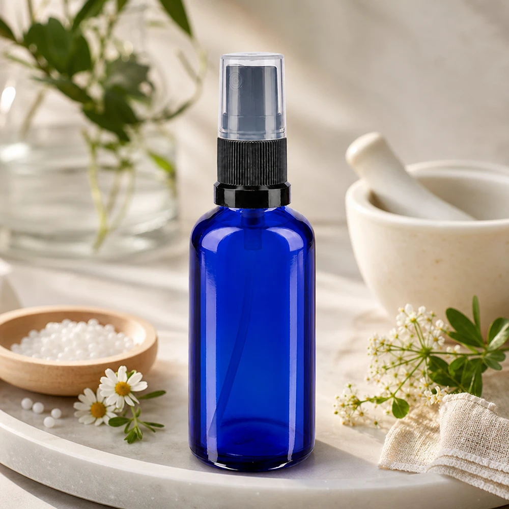 Frasco de farmácia azul 50ml spray top preto Frasco de vidro azul com pulverizador de 50 ml e pulverizador preto, entre flores de camomila e um almofariz