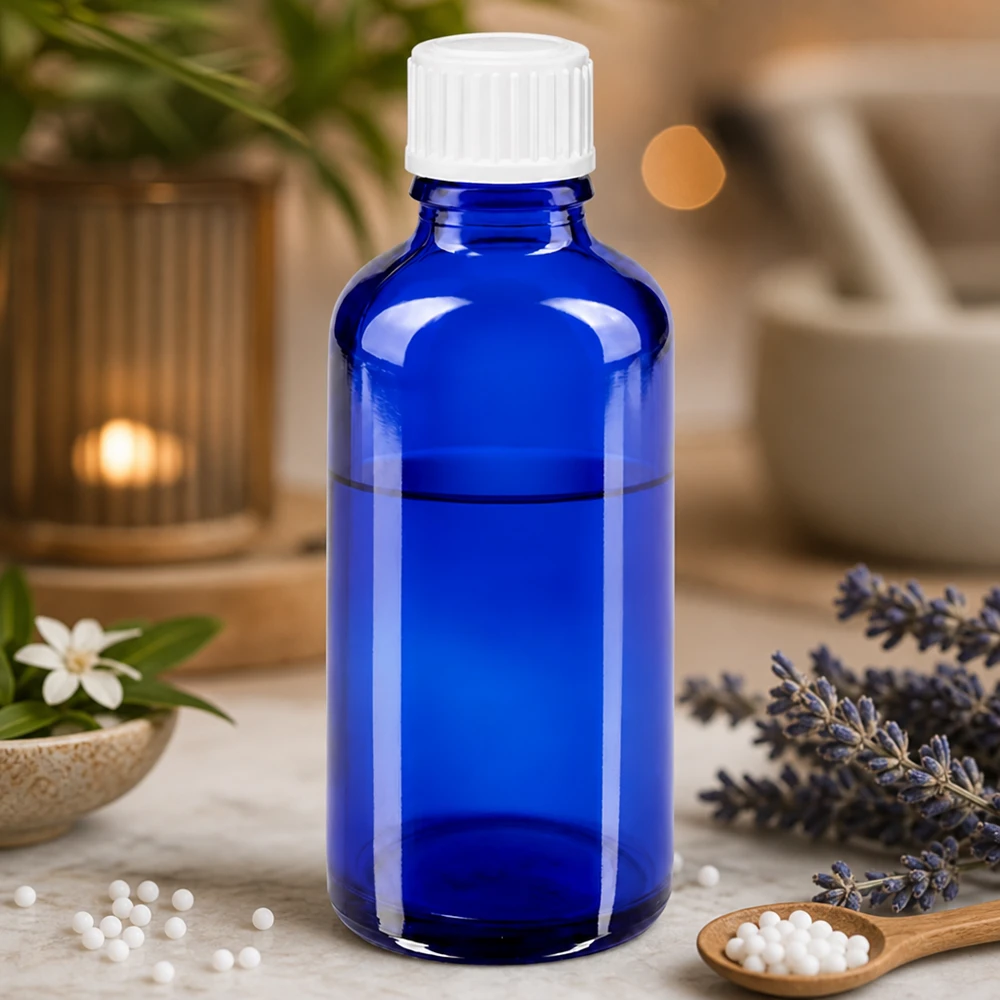 Frasco de farmácia azul 50ml tampa de rosca branca Globuli Standard Glóbulos homeopáticos acompanhados de um frasco de vidro azul de farmácia de 50 ml com tampa de segurança infantil branca