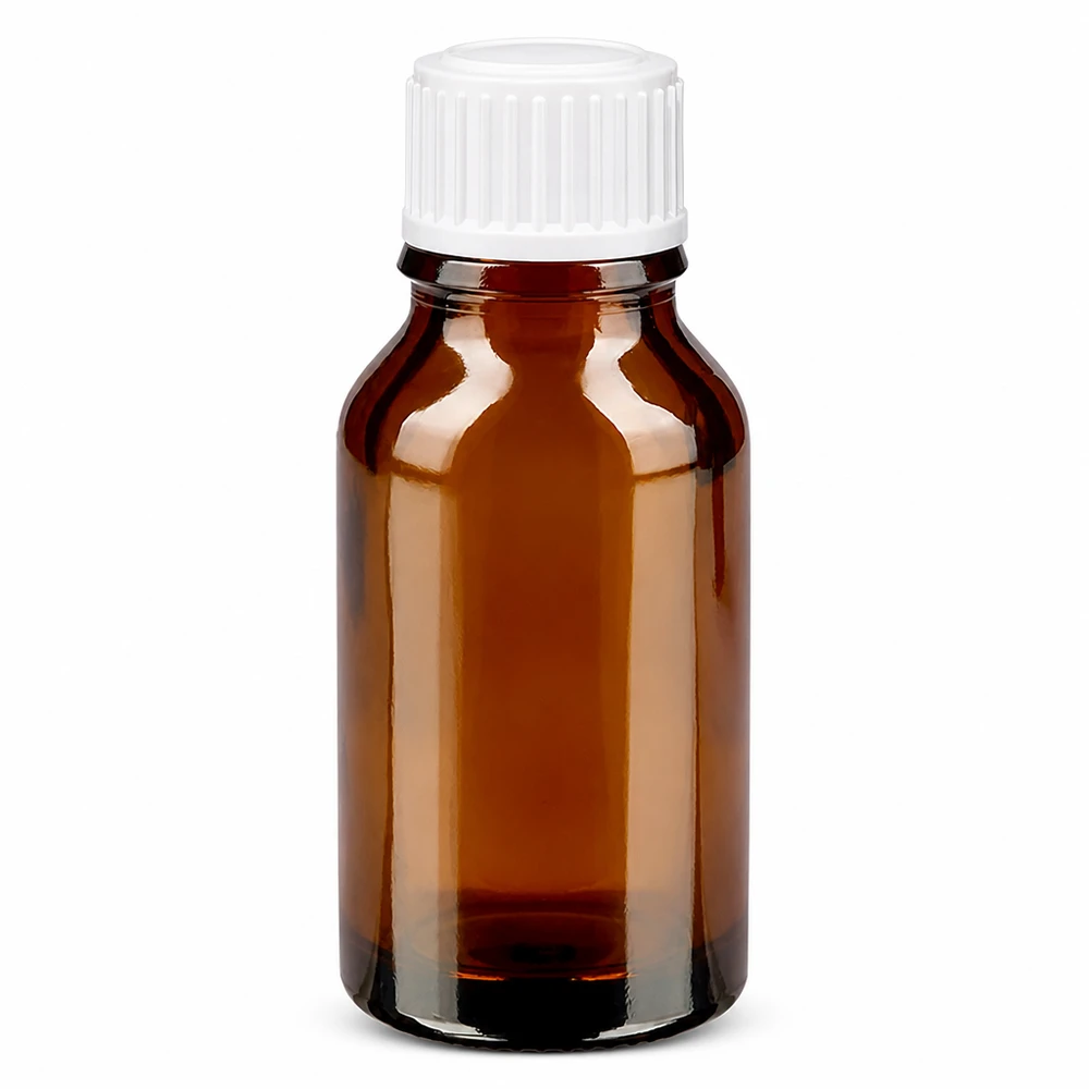 Frasco de farmácia castanho de 15 ml com tampa conta-gotas branca de 0,8 mm, em vidro castanho