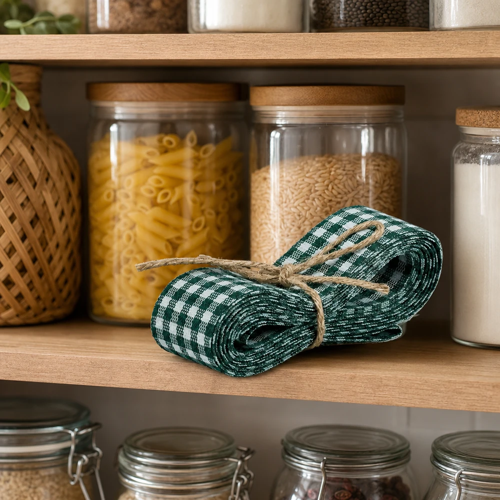 Fita de tecido verde/branca para decoração, 300 cm Fita de tecido verde e branco com 300 cm na prateleira da cozinha entre os frascos de armazenamento com massa e arroz como decoração da despensa