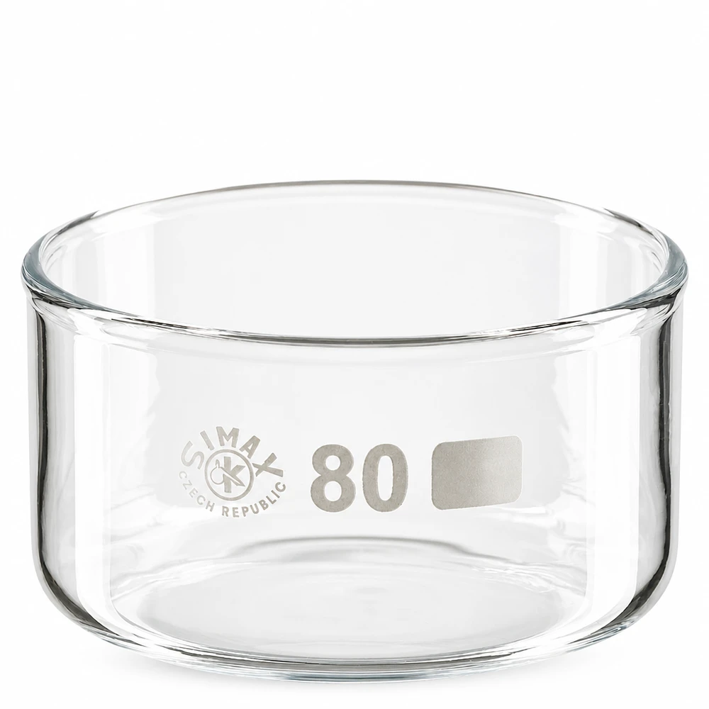Taça de cristalização de 150ml sem bico borossilicato ø80mm Taça de cristalização de 150 ml em vidro borossilicato transparente, sem bico, com 80 mm de diâmetro, da SIMAX